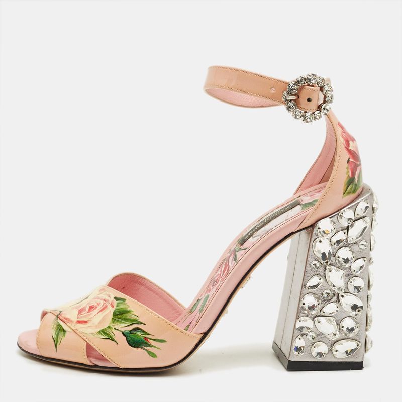 Dolce & Gabbana Pink Flower Print Patent Leather Crystal Embellished Ankle